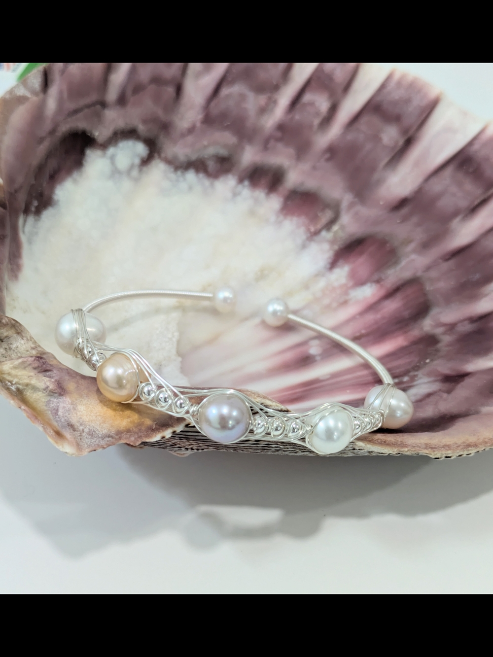 Handmade Silver Pearl Wire-Wrapped Bracelet - White Pearls